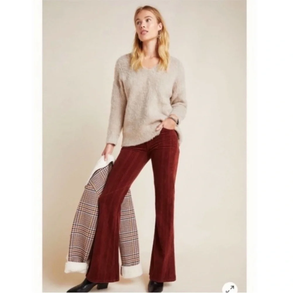 Anthropologie Simone Teddy Sweater Tan Taupe Oversized V-Neck Fuzzy Small